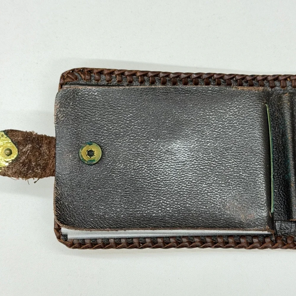 Vtg Joo-Kay Real Leather Tooled Floral Bifold Wallet Western Whipstitch Brown